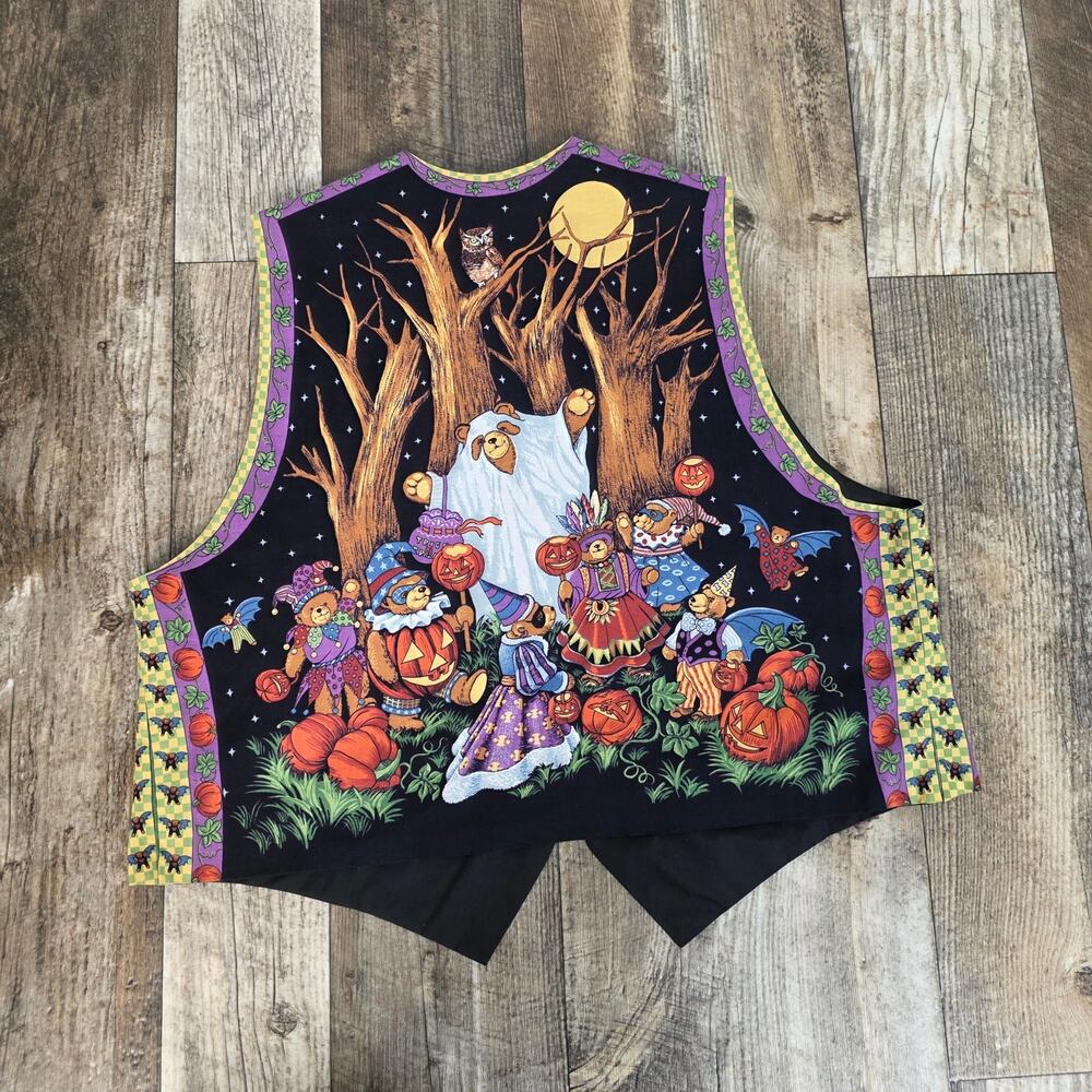 Vintage 90s Halloween Novelty Vest Teddy Bears Pumpkins Witches Spooky Kitschy